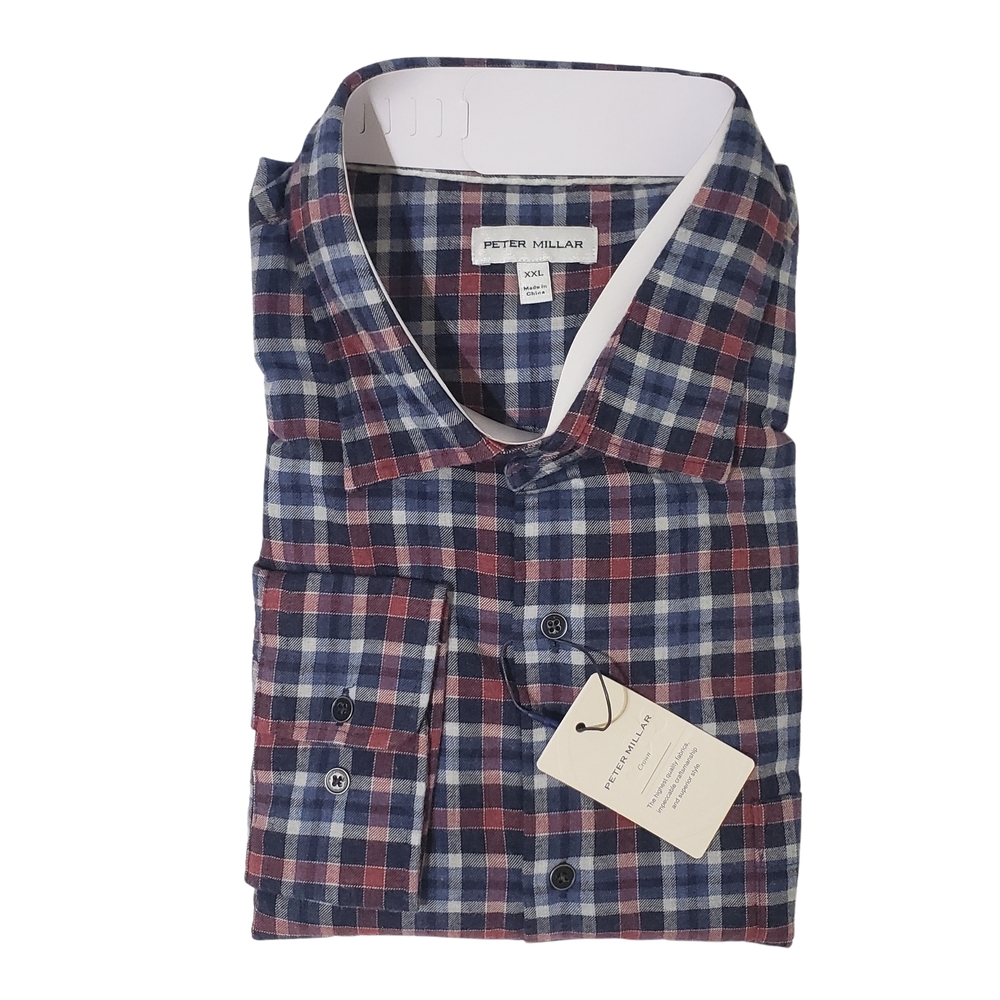 Peter Millar Crown Plaid Button Down Shirt Long Sleeve Men XXL Navy Lightweight